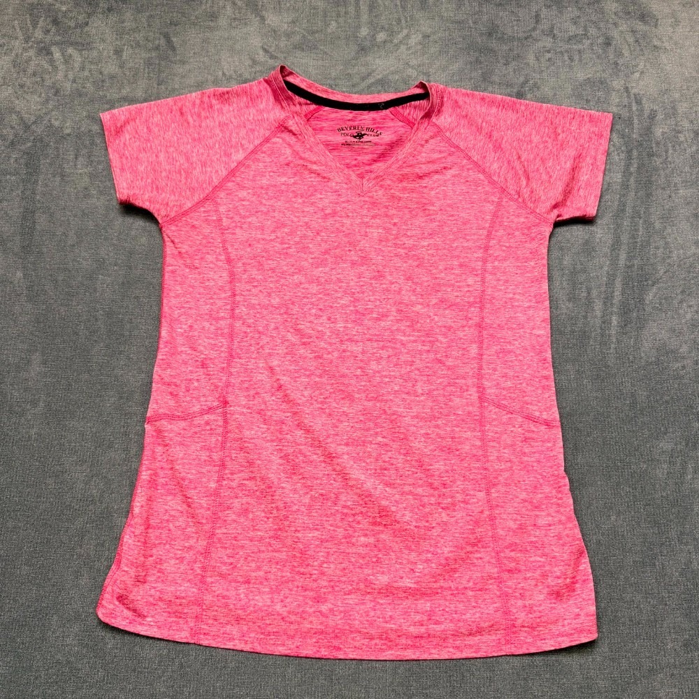 Beverly Hills Polo Club T Shirt Women Medium Heather Pink V Neck Raglan Sleeve